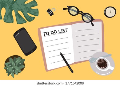 Cartoon to Do List oder Planung Konzept Top-Ansicht enthalten Notebook-Planer, Pen, Cup, Mobil und Brille. Vektorgrafik