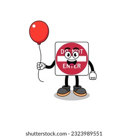 Cartoon of do not enter road sign holding a balloon , character design
