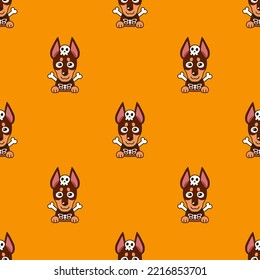 Cartoon doberman dog with halloween costume seamless pattern background for design.