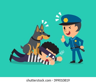 Cartoon doberman dog helping policeman to catch thief