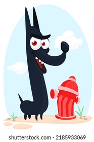 Cartoon doberman dog sstanding next to fire hydrant. Vector illustration isolated