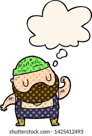 cartoon dock worker with thought bubble in comic book style