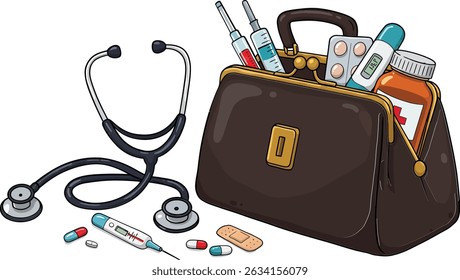 Cartoon Doctor Bag Stethoscope Medical Equipment Healthcare Professional Tool Set