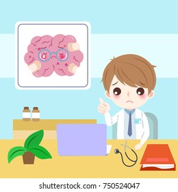 cartoon doctor with brain health concept on the blue background