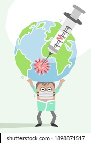 Cartoon Doctor carrying the sick Earth with a Syringe and anti-Virus Vaccine- paper-cut style