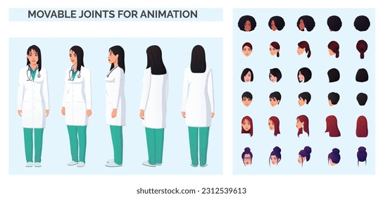 Cartoon Doctor Character creation with Female Doctor Wearing White Lab coat Front, Back and Sideview with Multiple Races and Ethnicities