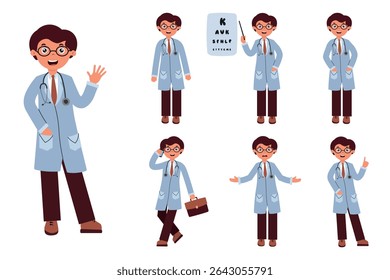 Cartoon doctor character in different poses showing friendliness and professionalism in healthcare. Set of flat style doctor characters on white background.