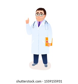 Cartoon doctor character in lab coat with stethoscope, medical research folder thumb up gesture. Adult young smiling man. Isolated happy physician in white uniform. Healthcare flat vector illustration