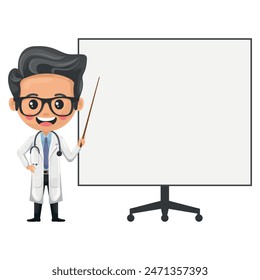 Caricatura del personaje médico con un estetoscopio y bata de laboratorio dando una charla o entrenamiento en una pizarra en una reunión. Concepto de salud y medicina. Investigación, ciencia y tecnología en salud