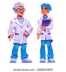 Cartoon doctor character team set vector illustration. Medical group with male professional staff. Standing therapist with stethoscope or dentist in uniform isolated on white background.