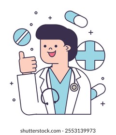 Cartoon doctor character with thumb up. Male medic surrounded by various medicines expresses approval. Doctor approves pills and vitamins. Simple vector illustration.