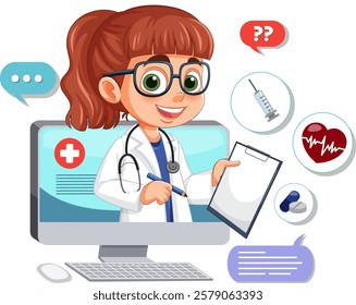 Cartoon doctor with clipboard and medical icons