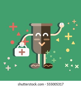 Cartoon doctor cup of coffee with bag on green background.
