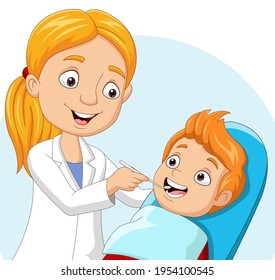 Cartoon doctor dentist checking boy teeth