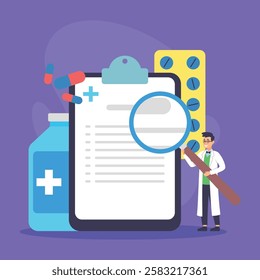 Cartoon doctor examining clipboard filled with medical data next to bottle of pills and capsules. Health and prescription concept