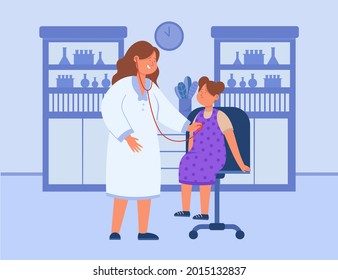 Cartoon doctor examining sick girl with stethoscope. Flat vector illustration. Child receiving skilled medical care, attending physical examination. Pediatrics, medical assessment, health concept