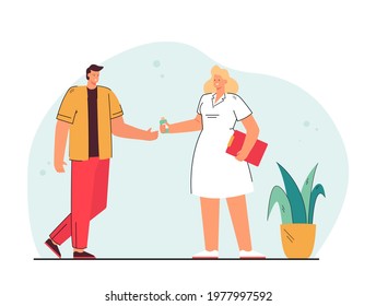 Cartoon doctor giving medicine to man. Flat vector illustration. Woman in white coat holding out tube or jar of pills to guy. Medicine, treatment, disease concept for banner design or landing page