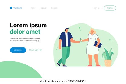 Cartoon doctor giving medicine to man. Flat vector illustration. Woman in white coat holding out tube or jar of pills to guy. Medicine, treatment, disease concept for banner design or landing page