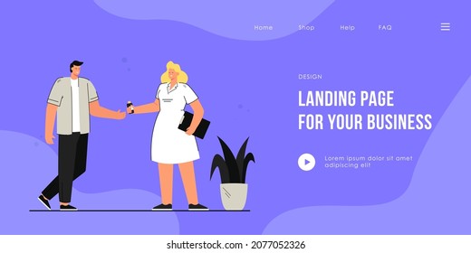 Cartoon doctor giving medicine to man. Flat vector illustration. Woman in white coat holding out tube or jar of pills to guy. Medicine, treatment, disease concept for banner design or landing page