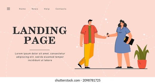 Cartoon doctor giving medicine to man. Flat vector illustration. Woman in white coat holding out tube or jar of pills to guy. Medicine, treatment, disease concept for banner design or landing page