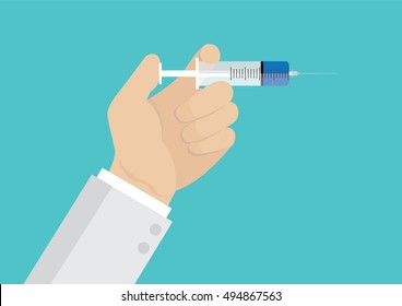 Cartoon, Doctor hand holding syringe., vector eps10