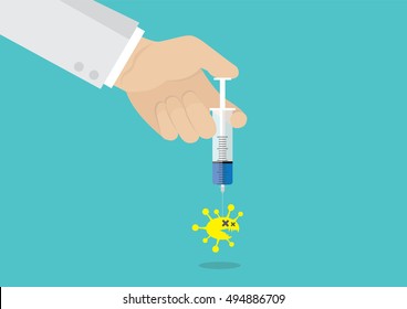 Cartoon, Doctor hand holding syringe kill virus and  deadly disease., vector eps10