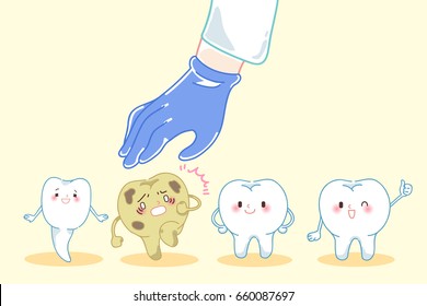 cartoon doctor hand is picking decayed tooth 