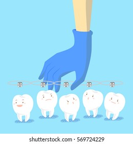 cartoon doctor hand is picking teeth wear brace