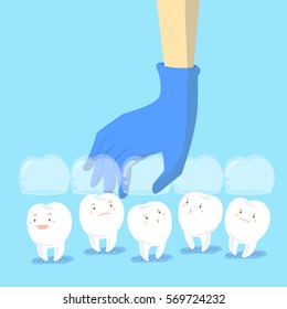 cartoon doctor hand is picking teeth wear invisible braces