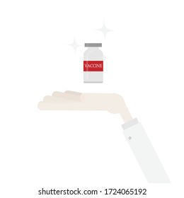 The cartoon of doctor hand showings a vaccine bottle, vaccine presentation concept.