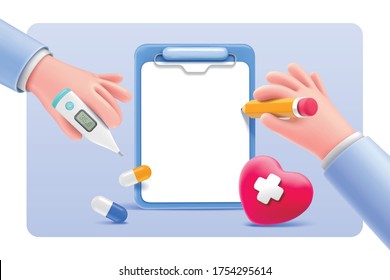 Cartoon doctor hands with medical items, concept of health care service, 3D illustration