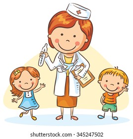 Cartoon doctor with happy little children, a boy and a girl, no gradients