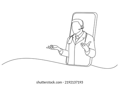 Cartoon of Doctor In Headset Peeking Out Of Big Smartphone Screen Consulting Patient Online. Oneline art drawing style
