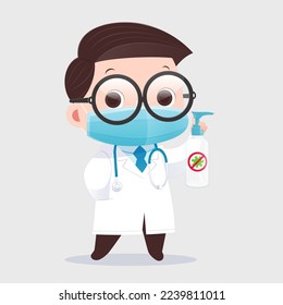 Cartoon doctor holding alcohol gel
