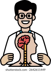 Um médico de desenho animado está segurando um cérebro e sorrindo. O desenho é feito para ser bem humorado e alegre