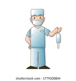 
Cartoon doctor holding face mask in hand
