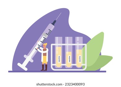 Cartoon doctor holding huge syringe of vaccine. Getting vaccinated against illness in hospital. Process of virus destruction. Boosting immune system health. Vector