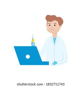cartoon doctor holding a laptop computer and syringe over white background, flat style, vector illustration