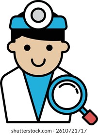 A cartoon doctor is holding a magnifying glass and smiling. Concept of curiosity and a friendly, approachable demeanor