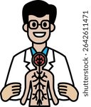 A cartoon doctor is holding a man's arm and pointing to the veins. The man is smiling and the doctor is wearing a white lab coat. Concept of trust and comfort between the doctor and patient