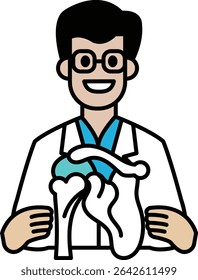 A cartoon doctor holding a model of a human heart. The cartoon doctor is smiling and he is happy