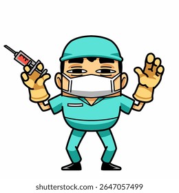 Um médico de desenho animado segurando uma seringa e usando uma máscara. O desenho animado está em um humor alegre e a ideia é fazer o espectador se sentir mais confortável com a ideia de obter um tiro