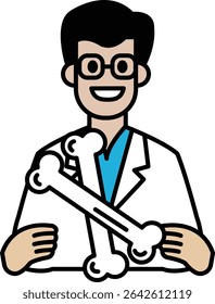 Um médico de desenho animado segurando dois ossos em suas mãos. O desenho é alegre e bem-humorado. O médico está usando um jaleco branco e óculos