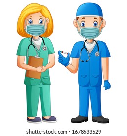 Cartoon doctor holding a vaccine. Vector illustration