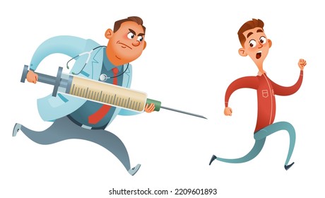 Cartoon doctor with a huge syringe chasing a patient. Vector illustration dedicated to vaccination and the difficult life of medical workers in general. Isolated on white.