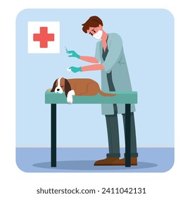 Cartoon doctor injects dog on couch. Veterinarian examining dog. Animals healthcare service. Veterinary clinic. Medical center for domestic animals treatment. Vector