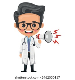 Un doctor de caricaturas haciendo un anuncio con un megáfono. Concepto de salud y medicina. Profesional de la salud para realizar un examen médico en un paciente. Investigación, ciencia y tecnología en salud