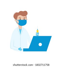 cartoon doctor man holding a syringe and laptop computer over white background, flat style, vector illustration