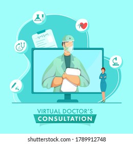 Cartoon Doctor Man Wearing Protective Equipment In Computer Screen With Woman And Medical Elements For Virtual Consultation Concept.