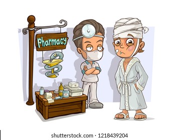 Cartoon doctor in mask with reflector, patient character and drugstore pharmacy vendor booth or shop market with text sign. Vector icon for game.